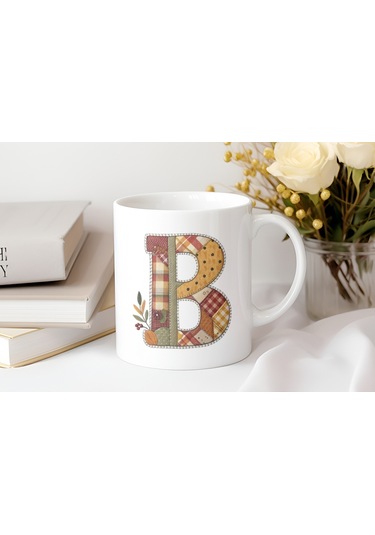 B Harfi Sonbahar Kış Temalı Yamalı Tasarım Kupa Bardak - Etnik Ve Pathwork Severlere Özel Hediye Beyaz