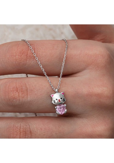 Blackcraft Gümüş Pembe Taşlı Sevimli Kedi Kadın Kolye Renkli
