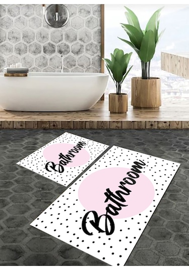 Bathroom Yazılı Banyo Paspası, Dekoratif Paspas, Yıkanabilir, Beyaz