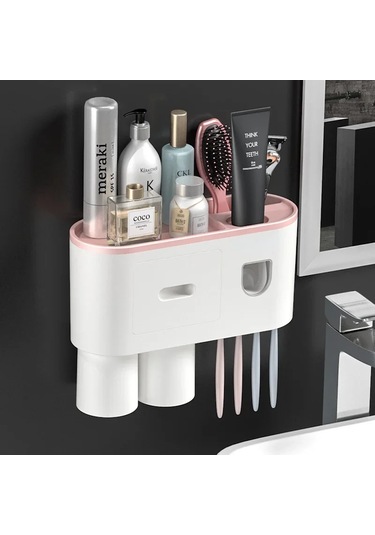 Manyetik Adsorpsiyon Ters Diş Fırçası Tutucu Çift Otomatik Diş Macunu Sıkacağı Pembe One Cup Pembe