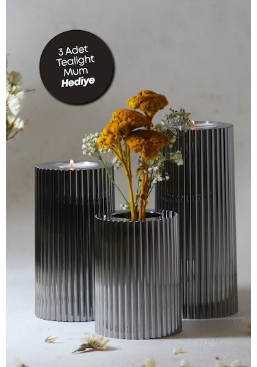 3 Lü Füme Krom Tırtıklı Yüzey Mumluk Dekoratif Tealight Set Mum