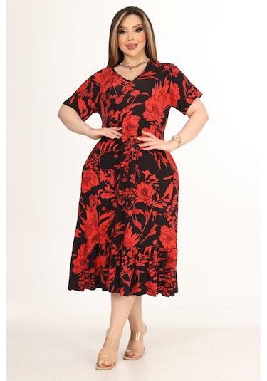 Melsay Butik Göğüsten Robalı V Yaka Kısa Kollu Kırmızı Palmiye Desenli Cepli Elbise Kırmızı