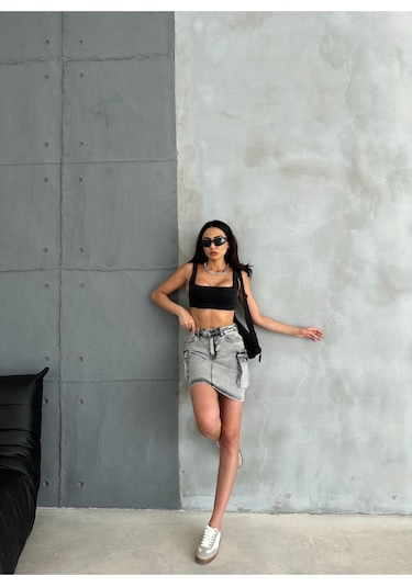 Zeo Basic Kargo Cep Detaylı Grey Ice Wash Mini Denim Etek Gri