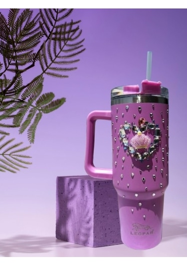 Pipetli 1,2 Litre Kulplu Çelik Termos Renkli Üzeri Taş İşlemeli - Lila Lila