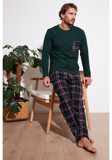 Buratti Ekoseli Cepli Beli Lastikli % 100 Pamuk Regular Fit Erkek Pijama Takımı 6572001 Yeşil