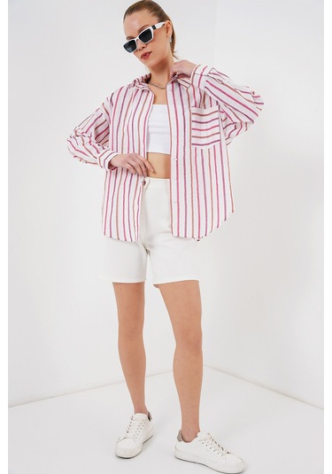 Kadın Çizgili Oversize Gömlek 20278 - Kırmızı Kırmızı