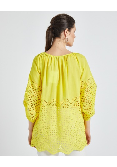 Kadın Pamuk Gömlek Ajurlu Detaylı, Rahat Kalıp Yazlık Tasarım Sarı