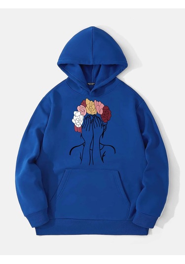 Unisex Colorful Hair Baskılı Kapüşonlu İçi Yumuşak Polarlı Oversize Sweatshirt - Saks Mavisi Saks Mavisi