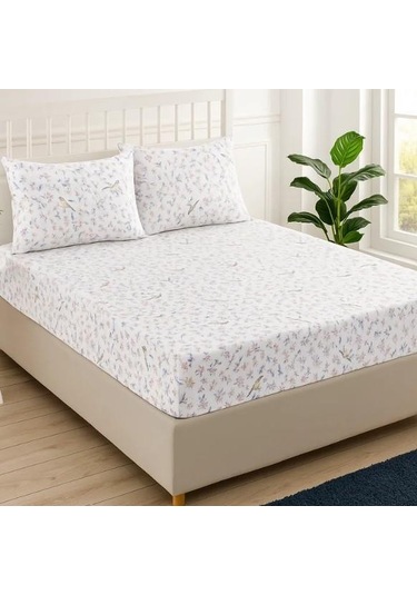 Sinada Home Kuş Ve Çiçek Desenli Lastikli Çarşaf Seti Beyaz