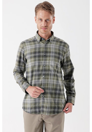 Koyu Haki Uzun Kollu Ekoseli Gabardin Sert Yaka Cepli Garnili Casual Comfort Fit Gömlek 1004235112-koyu Haki Koyu Haki