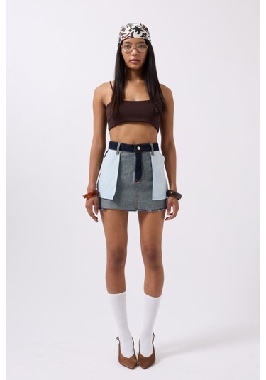 Ters Detay Denim Mini Etek Mavi