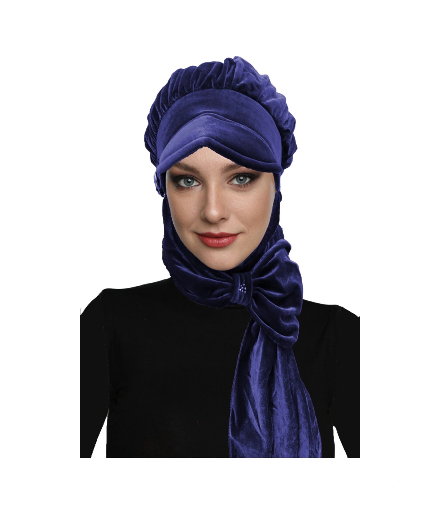 Kadife Şapka Atkılı Toka Detaylı Lacivert Hazır Türban Tesettür Bone Lacivert