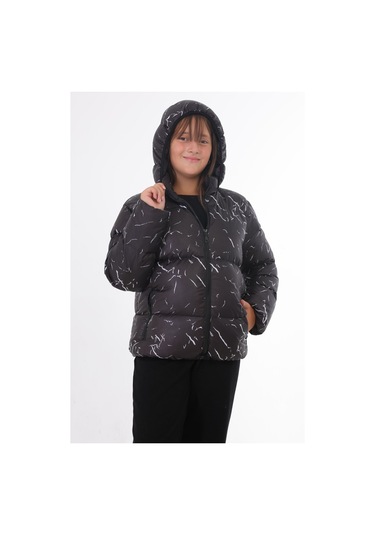 Kız Çocuk Siyah Çıkabilir Kapüşonlu Su Ve Rüzgar Geçirmez Cepli Kışlık Şişme Mont & Kaban & Parka Siyah