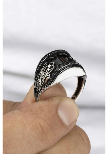 Telkari Desenli Karpuz Kesim Gümüş Erkek Yüzük -8340 Gümüş