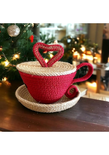 Sevgililer Günü Hediyesi, Hasır Sepet, Fincan Sepet, Jüt Sepet, %100 Doğal Dekoratif Hasır Sepet 001