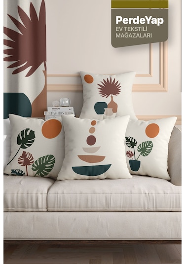 Renkli Tropikal Vazo Ve Yaprak Desenli 4'lü Kırlent Kılıfı