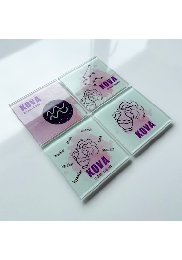Decorita Cam Bardak Altlığı Burçlar - Kova Burcu 4'lü Takım Çok Renkli