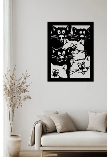 Siyah Kalabalık Kediler - 3mm Mdf Ahşap Dekoratif Duvar Tablosu