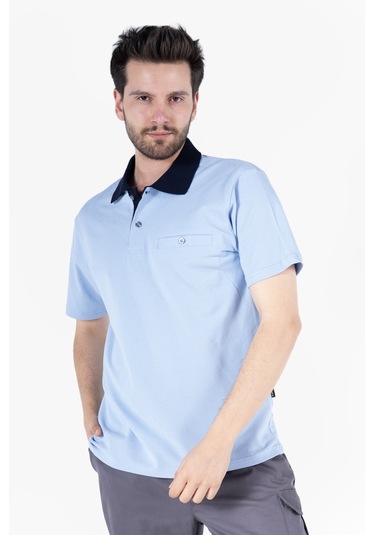T-shirt %100 Pamuk Polo Yaka Fleto Cepli %100 Pamuk Gök Mavi