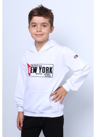 Erkek Çocuk Kapşonlu Sweat Baskılı Cepli C34 Beyaz