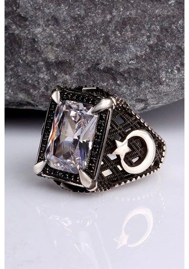 Gümüş Zirkon Taşlı Ayyıldız Motifli Erkek Yüzük Silver 925 Ayar Cıaey198