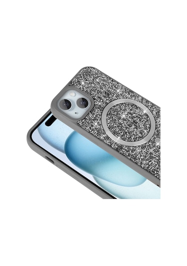 Ardemix İphone Uyumlu 14 Kılıf Pırlanta Tasarımlı Magsafe Şarj Özellikli Mozaik Silikon Kap Gri