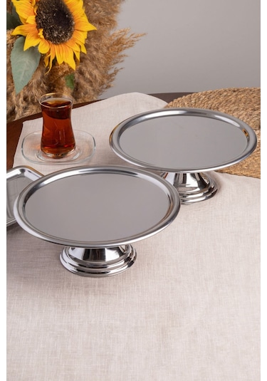 2'li Gümüş Yuvarlak, Ayaklı Şık Kek, Pasta, Kurabiye Ve Tatlı Servis Sunum Standı Gümüş
