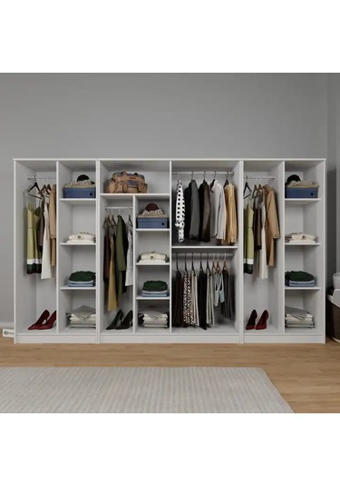 Kardelen Serisi 300 Cm Mat Beyaz 8 Kapılı 13 Raflı Elbise Dolabı - Gardırop Seti Beyaz