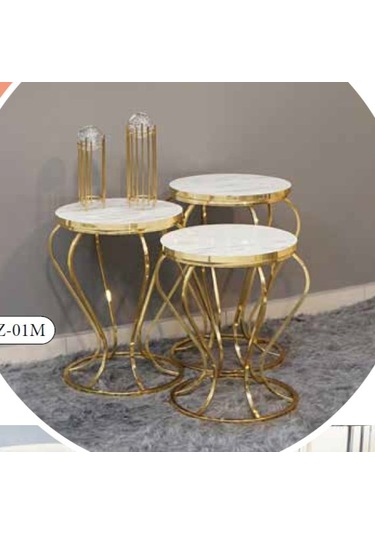 Mim Beyaz Mermer - Gold Kavanoz Zigon Sehpa Beyaz Mermer-Gold