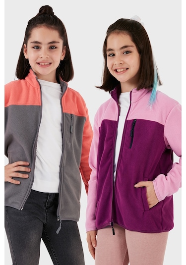 Lela Yumuşak Dokulu Fermuarlı Renk Bloklu Dik Yaka Cepli 2'Li Paket Hırka Çocuk Polar 5905001S2 Somon Gri-Şeker Pembe Mor