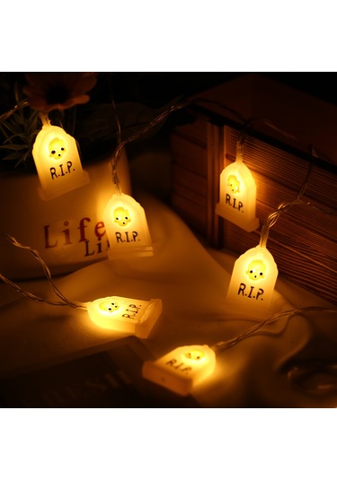Suofeng Halloween Dekorasyon Işıkları: Beyaz Mezar Şekilli 2 Adet 3m 20ledli Pil İle Çalışan Ambiyans Lambaları