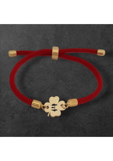 Çiçek Figürlü Örgü İpli 14 Ayar Altın Plakalı Aile Sembollü Hediye Bileklik-324sembol-kırmızı Altın