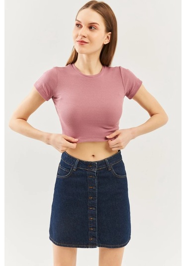 Kadın Kısa Kol Bisiklet Yaka Vücuda Oturan %100 Pamuklu Kaşkorse Esnek Crop Bluz Gül Kurusu