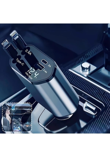 Honeybeeshop Type C Ve Ios İçin Metal Stil 66w Hızlı Araç Şarj Cihazı Teleskopik Kablolu 2 Usb Portlu İphone Samsung Xiaomi Uyumlu