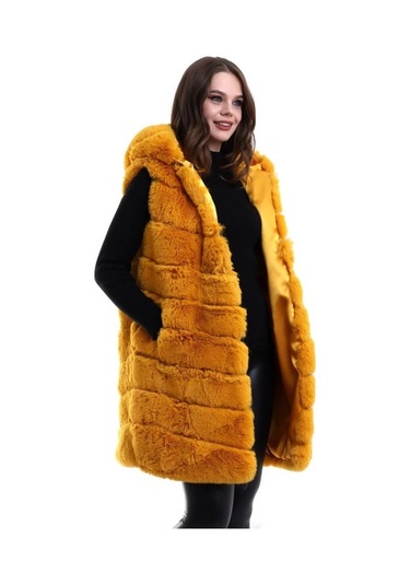 Kapşonlu Peluş Kürk Yelek Premium Kalite, Tam Astarlı, Uzun Model - Sarı Sarı