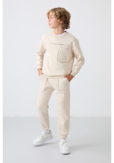 Tommy Life Bej Pamuklu Kalın İçi Tüylü Yumuşak Dokulu Standart Fit Baskılı Erkek Çocuk Eşofman Takım - 11257 Bej