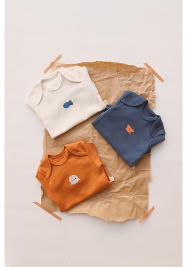 3lü Nakışlı Çıt Çıtlı Uzun Kollu Body Zıbın Set Model 4 Tarçın