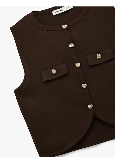 Koton Gold Düğmeli Bisiklet Yaka Düğmeli Triko Yelek Kahverengi 6wak20046ht Kahve