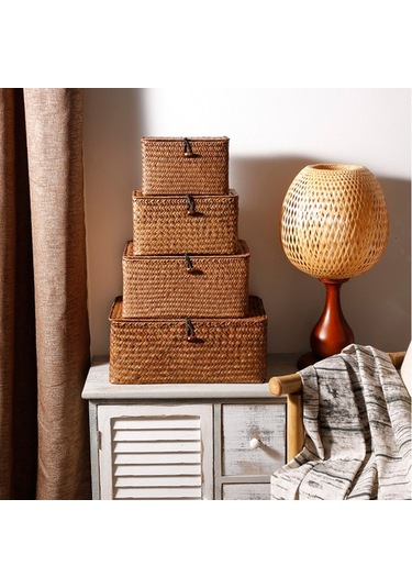 Kapaklı Dokuma Hasır Saklama Kutuları - 4'lü Set - Dikdörtgen Sepet Diğer