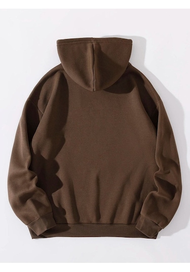 Düz Basic Sweatshirt - Kahverengi Oversize Kapüşonlu Kahverengi