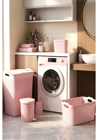 5'li Safir Çamaşır Sepeti Seti Örgü Desenli Pembe