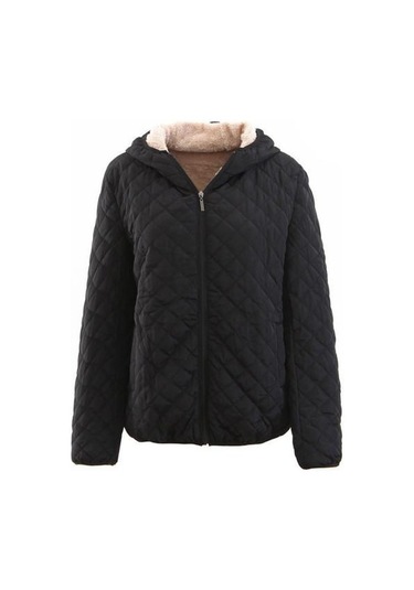 Kadın Kapşonlu Pamuk Ceket Sıcak Uzun Kollu Düz Renk Kapitone Fermuar Cep Rahat Gevşek Fit Kadın Ceket Siyah