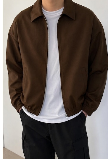 Tarz Cool Erkek Oversize Bomber Ceket Fermuarlı Basic Günlük Şık Mont Kahverengi