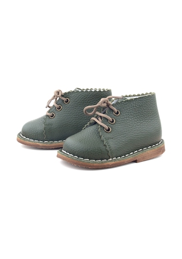 Stella Butik Handmade Hakiki Deri Bağcıklı Bebek Bot Haki