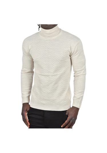 Deepsea Erkek Bej Zigzag Desenli Tam Balıkçı Yaka Dar Kesim Boğazlı Triko Kazak 2505497 Bej