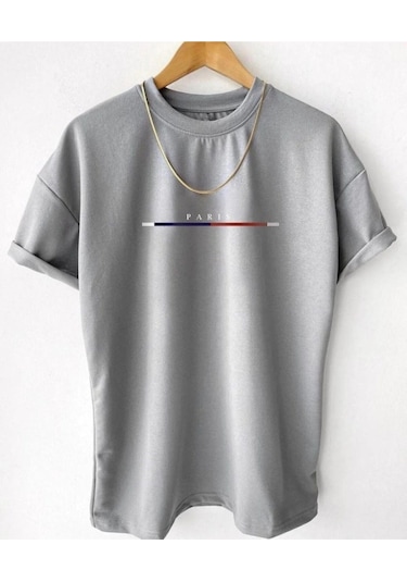 Hırsch Unisex Gri Bisiklet Yaka Çizgili Paris Baskılı T-shirt Gri