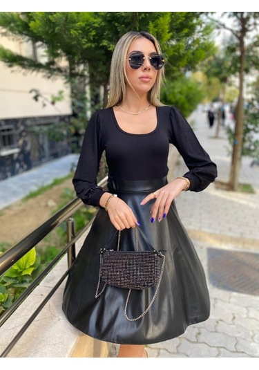 Stilaura Kadın Uzun Kollu Üst Viskon Alt Kloş Deri Elbise Siyah