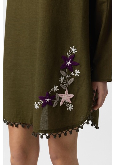 Yeşil Nakış İşlemeli Uzun Kollu Pamuklu Bluz Elbise Yeşil