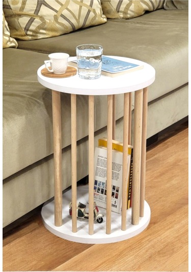 Ahşap Ayaklı C Sehpa Koltuk Sehpası Yan Sehpa Zigon Sehpa Servis Sehpası Beyaz