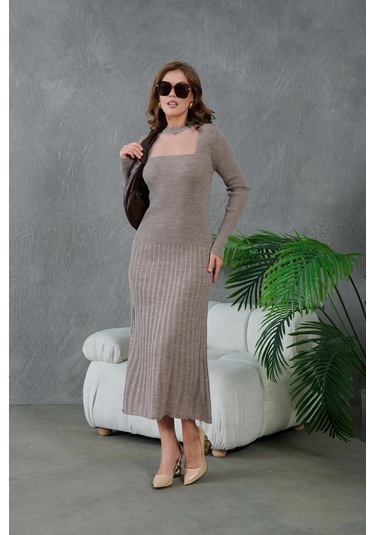 Kadın Bisiklet Yaka Tül Detay Maksi Boy Fitilli Triko Elbise Vizon